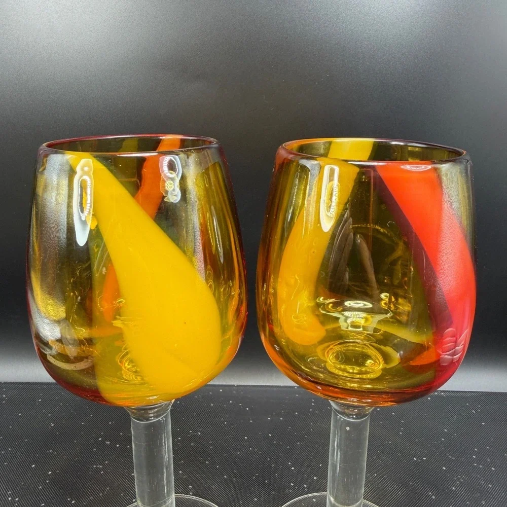 Pier 1 Hand Blown Art Glass Cups Glasses Set of 2 Amber Red Yellow Swirl Stripe